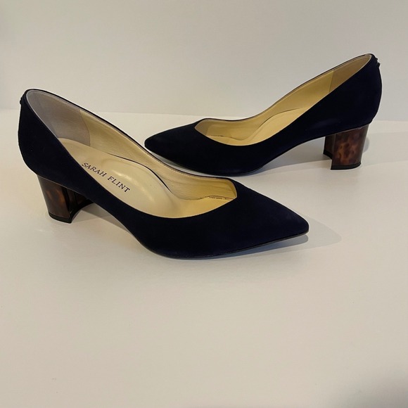 Sarah Flint Perfect Emma Pumps Navy Blue Suede Block Heel Shoes Women's Size 7.5 - Picture 2 of 9